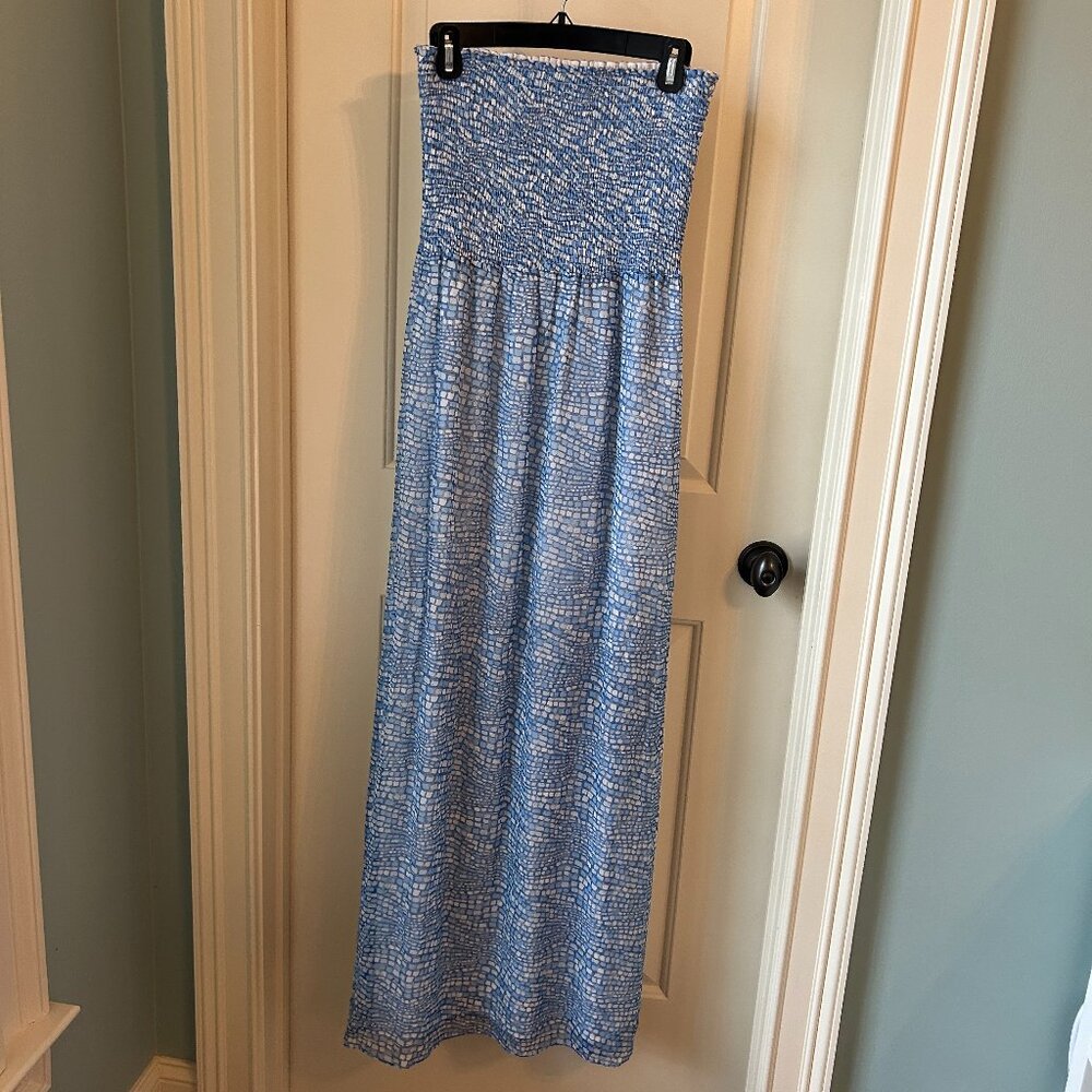 J McLaughlin Strapless Blue & White Print Silk Maxi Dress Size S